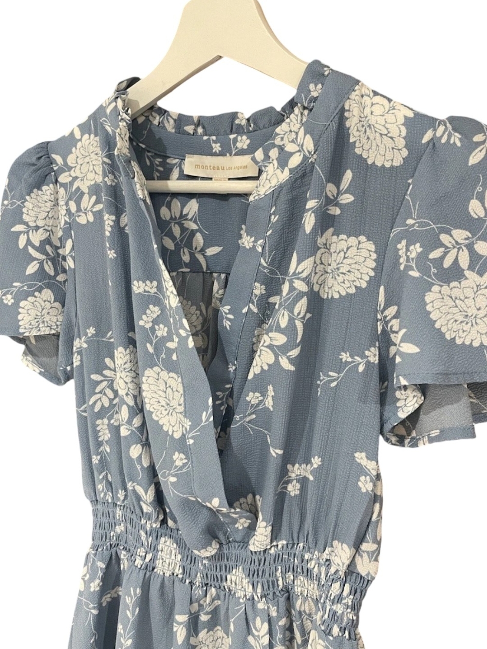 Monteau Dusty Blue Floral V-Neck Smocked Waist Tunic - Picture 3 of 5